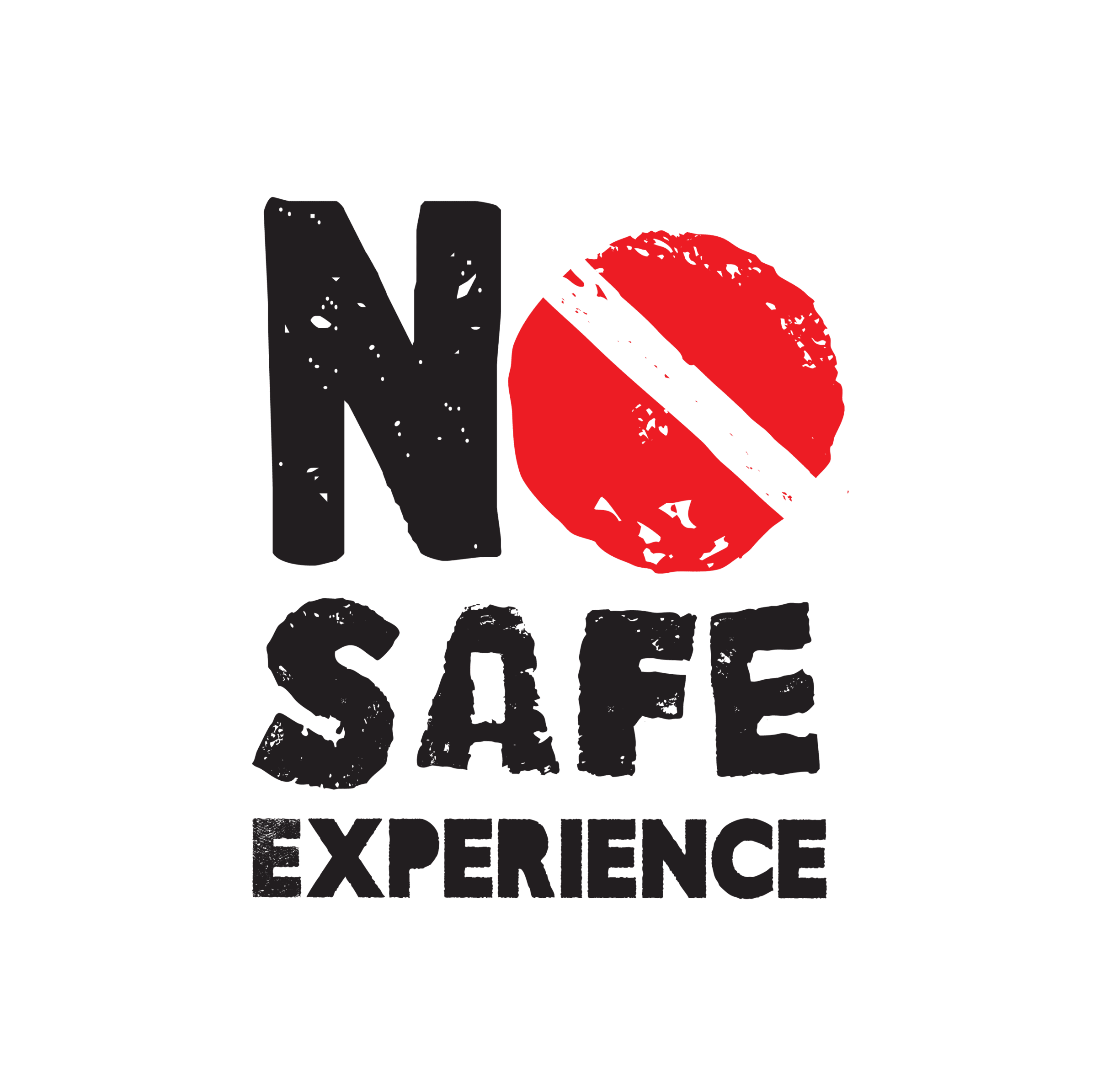 Text reads “NO SAFE EXPERIENCE,” with the “O” illustrated as a scuba diving warning sign—creating a bold marketing message to raise public awareness about underwater risks.