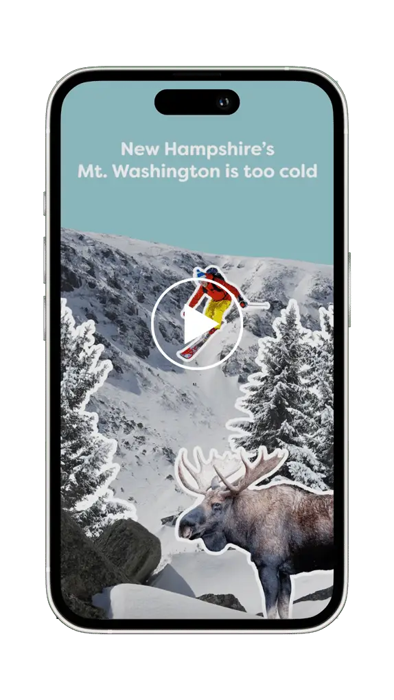 A phone screen shows a snowy mountain, a skier, a moose, and text: Mt. Washington is too cold—perfect for your next social media post.