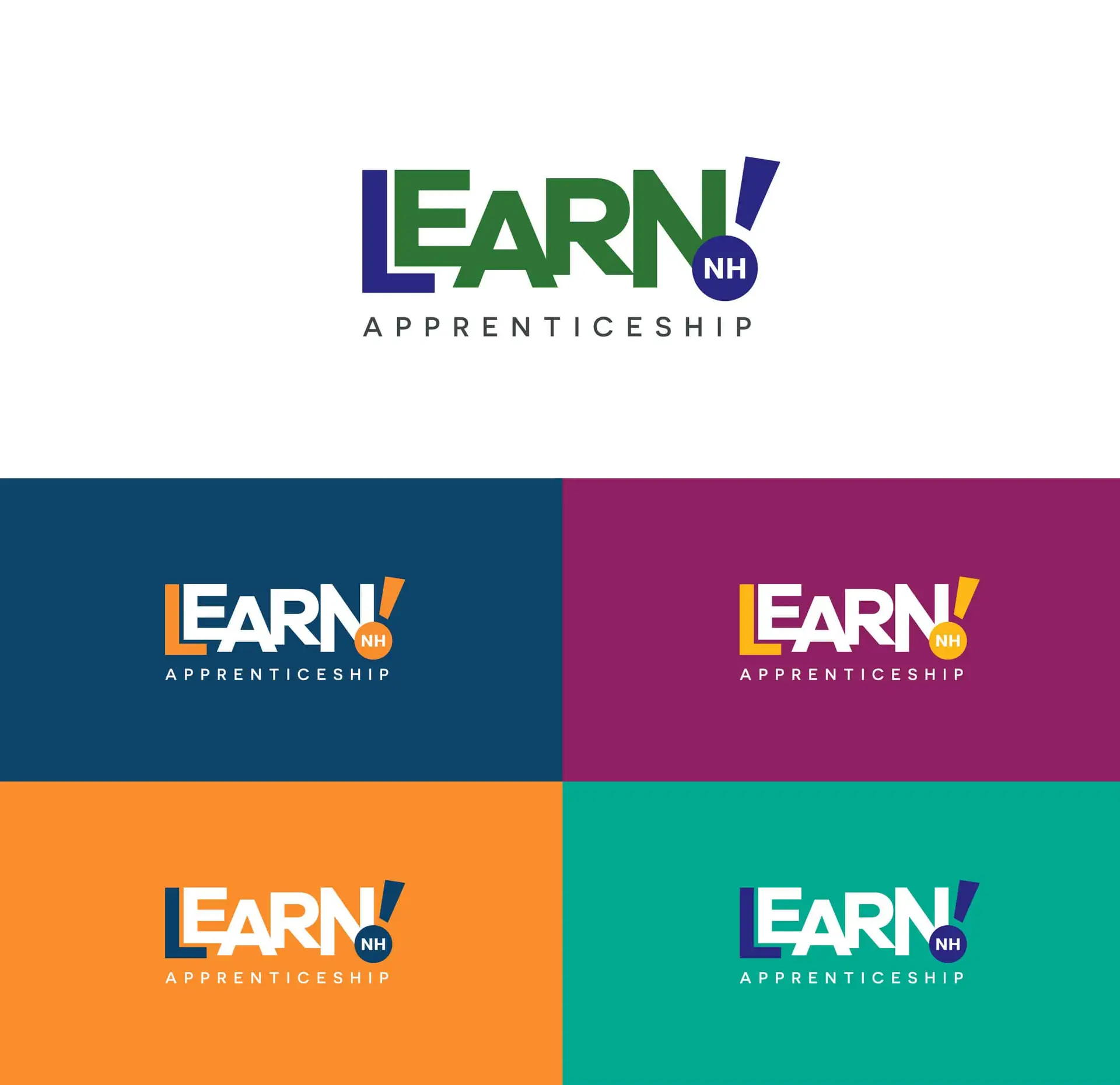 LEARN NH Apprenticeship logo in different color schemes—blue, purple, orange, and teal backgrounds—ideal for your Apprenticeship website design.