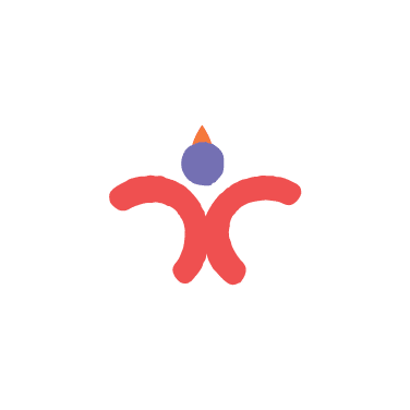 Abstract logo for a rebranding case study, featuring red curved lines, a purple circle, and a small orange triangle on a white background.