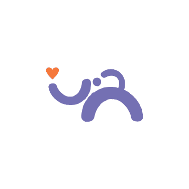 Minimalist illustration of a purple dog with an orange heart above its nose on a white background, perfect for a rebranding case study.