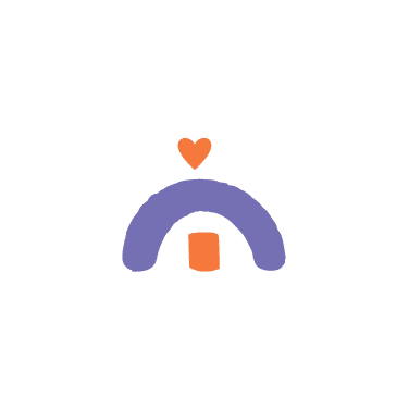 A purple rainbow shape with an orange door underneath and an orange heart above it on a white background, ideal for a rebranding case study.