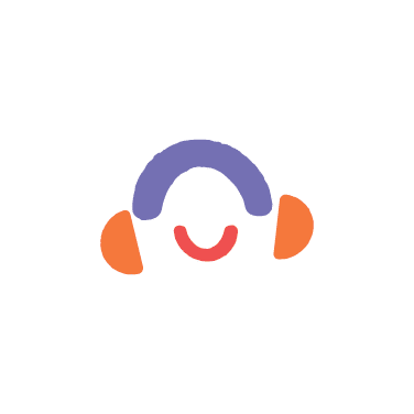 Simple illustration of a smiling face wearing purple headphones and orange ear pads on a white background, perfect for a case study on rebranding with playful, modern visuals.