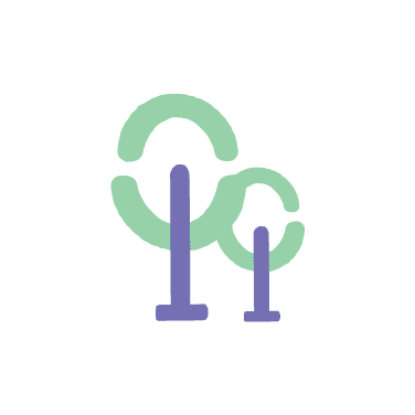 Two abstract green trees with purple trunks on a light gray background, ideal for a rebranding case study.