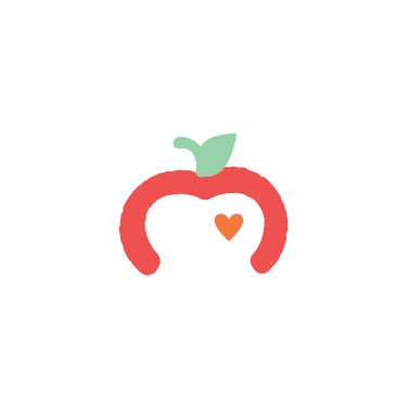 A simple red apple outline forms a heart shape, perfect for a rebranding case study, with a green leaf and a small orange heart inside.