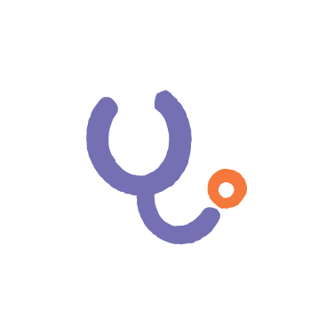 A simple purple stethoscope icon with an orange circle on a light gray background, perfect for case study visuals or medical rebranding projects.