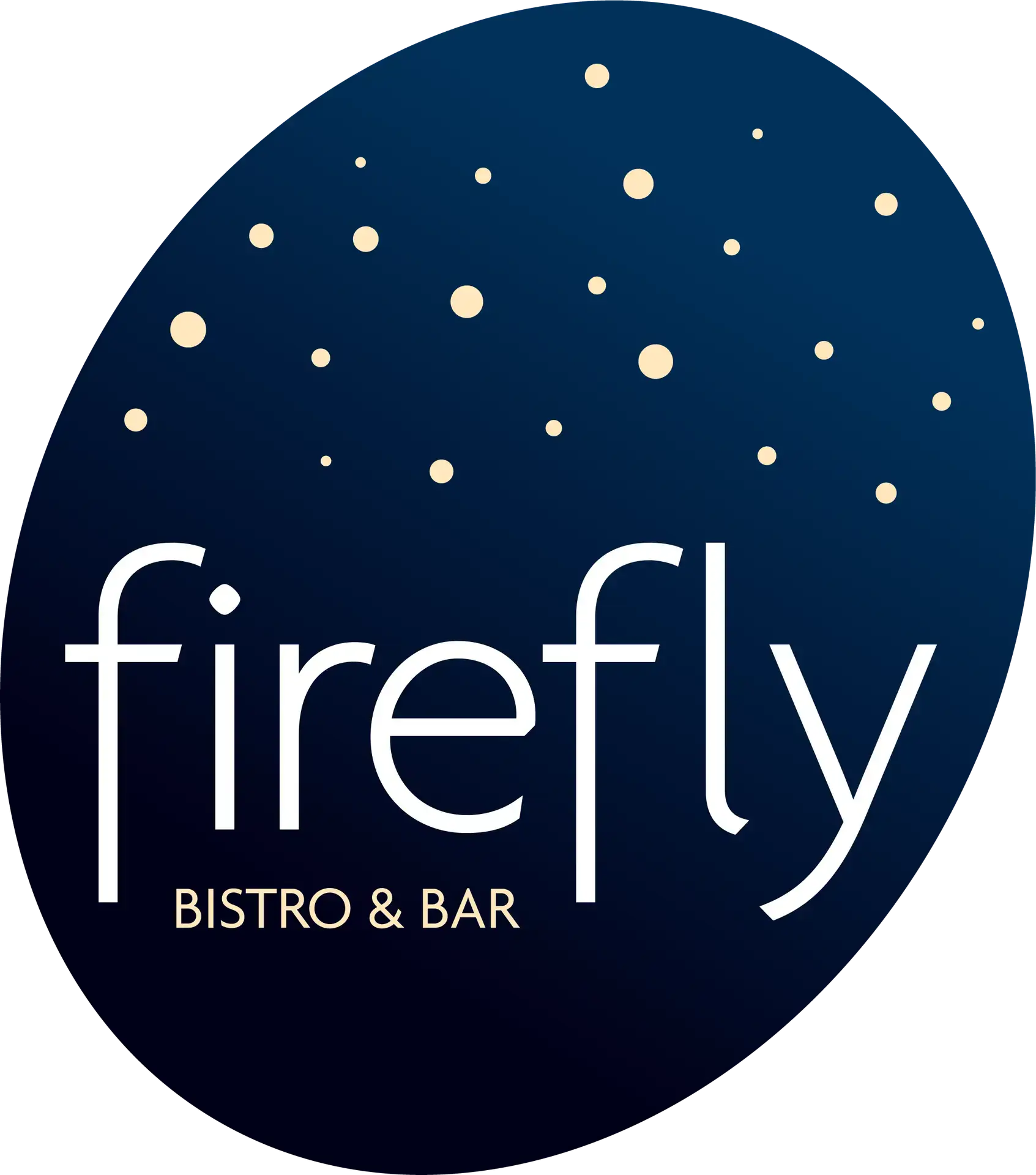 Firefly Bistro & Bar logo with yellow dots on a dark blue oval background, resembling fireflies or stars.