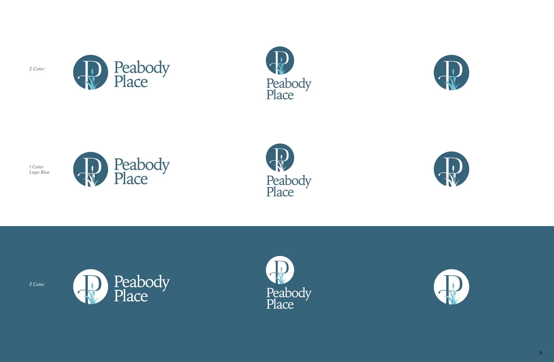 Nine variations of the Peabody Place logo in blue and white, featuring the letters P and R, showcase a fresh rebranding approach.
