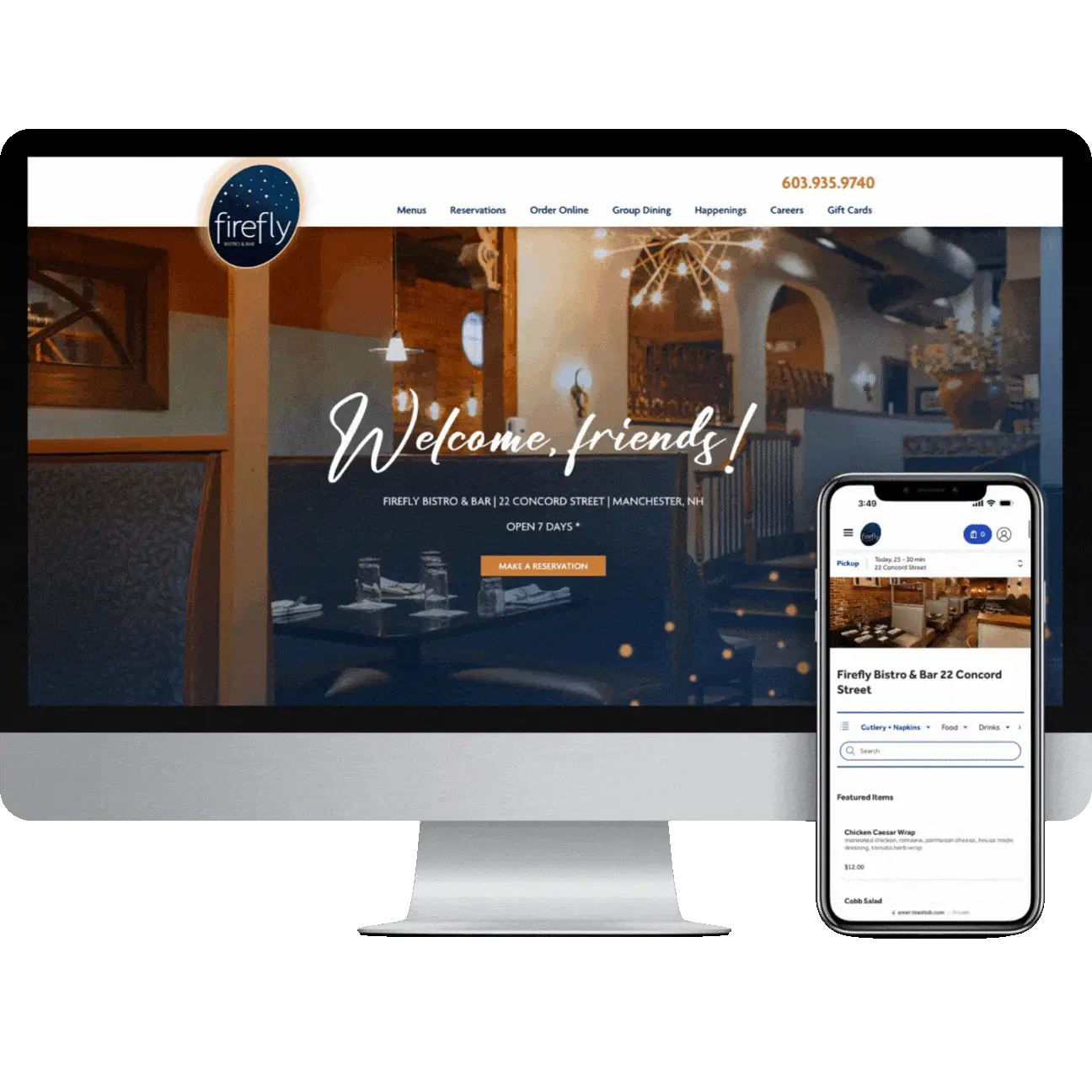 A computer and smartphone display the Firefly Bistro & Bar website with a welcome message and reservation info.