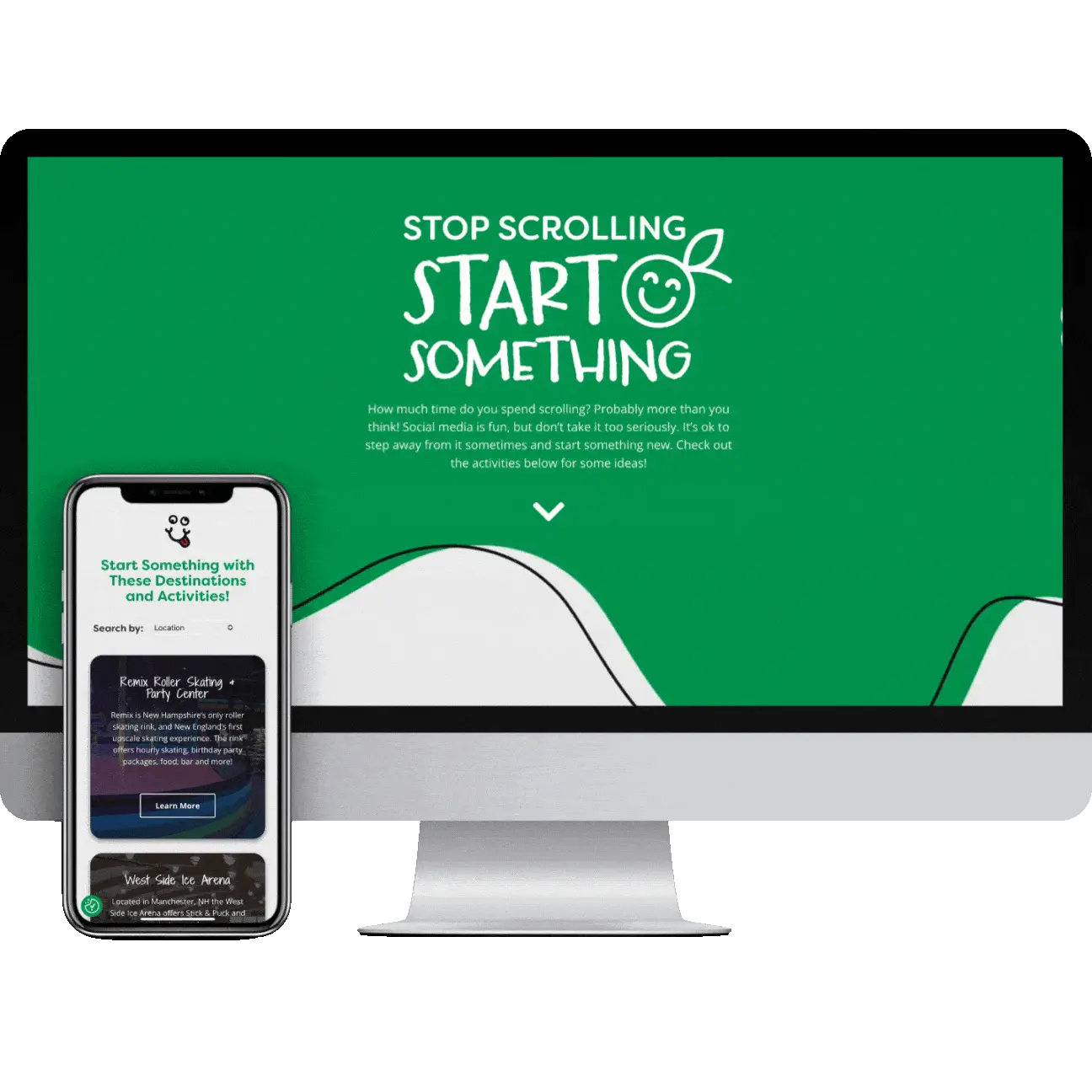 A computer and smartphone display a green website reading Stop Scrolling Start Something with a smiling face, encouraging users to take a break from social media.
