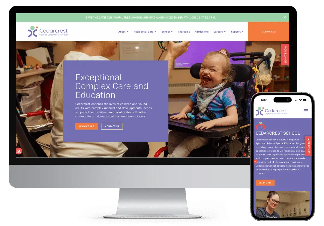 A computer and phone display a website case study featuring a smiling child in a wheelchair with a caregiver.
