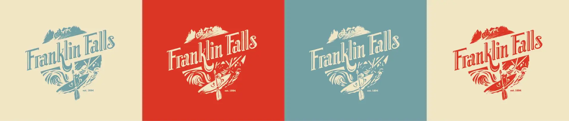 Four stylized Franklin Falls logos in blue, red, teal, and red on cream, red, teal, and cream backgrounds—perfect for showcasing a fresh City rebrand.