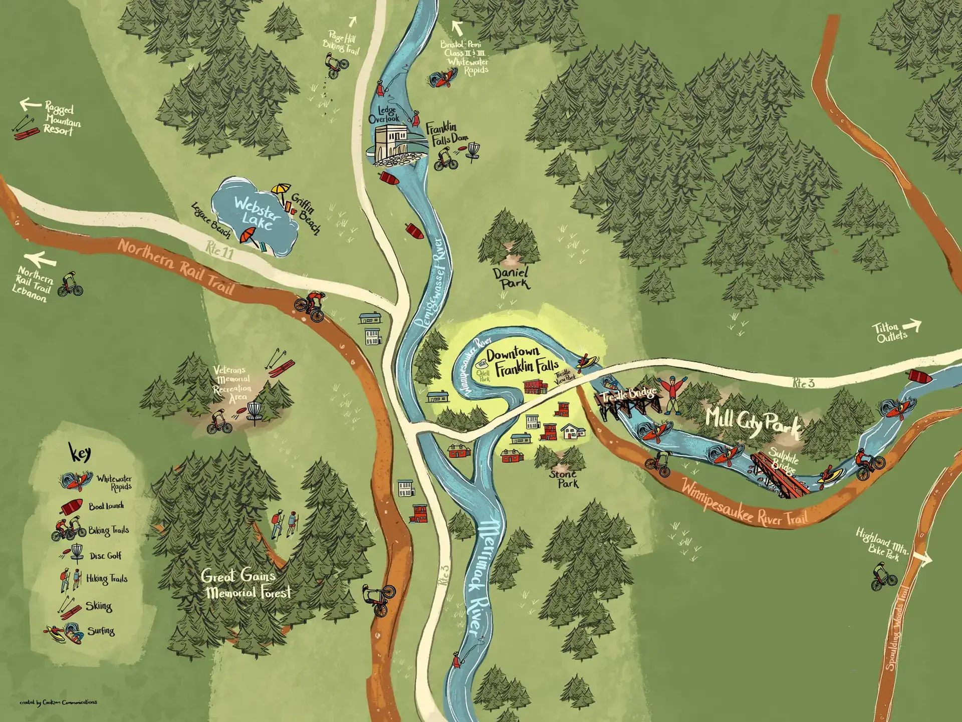 Illustrated map of Downtown Franklin Falls with parks, trails, rivers, and various outdoor activities depicted, showcasing the city rebrand.