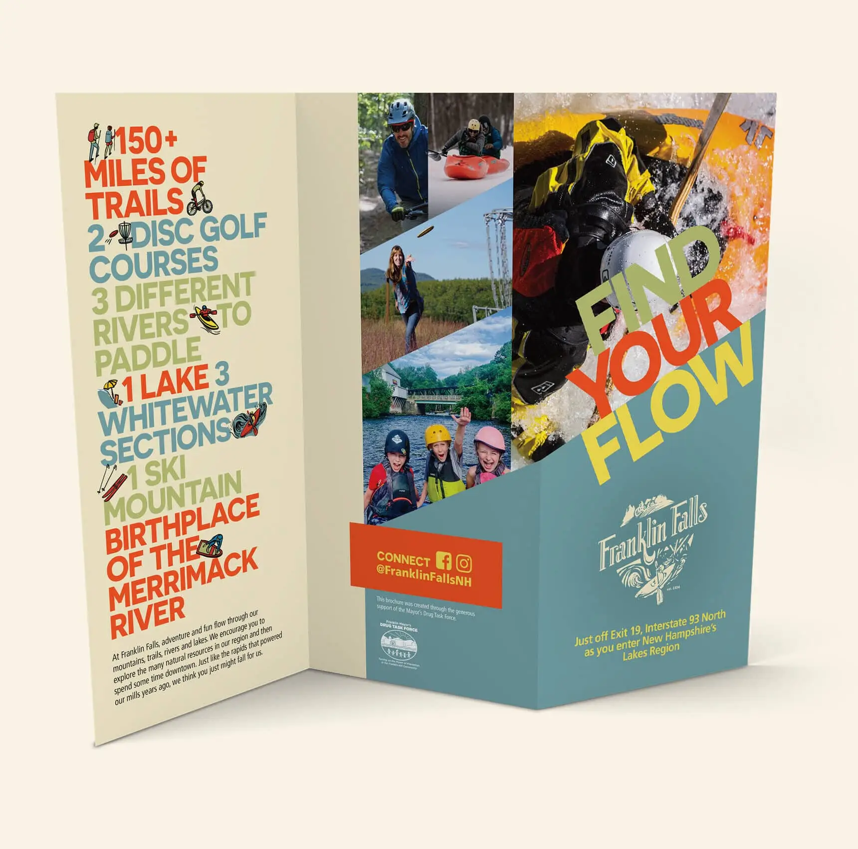 A colorful brochure for Franklin Falls, NH, highlights outdoor activities and the city rebrand, all under the slogan Find Your Flow.