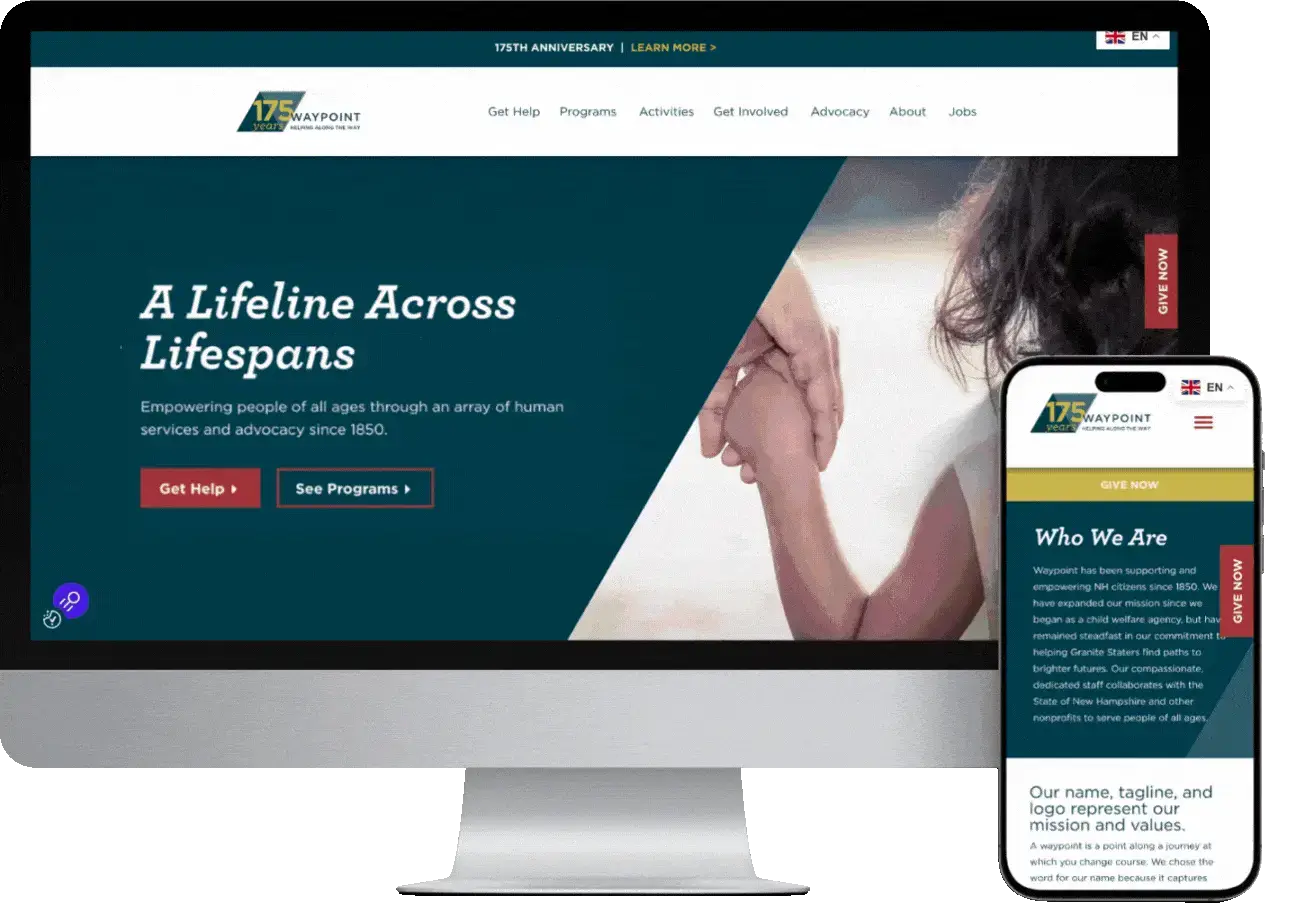 A website homepage on desktop and phone displays a tagline and a photo of an adult holding a child’s hand, reflecting heartfelt communications.