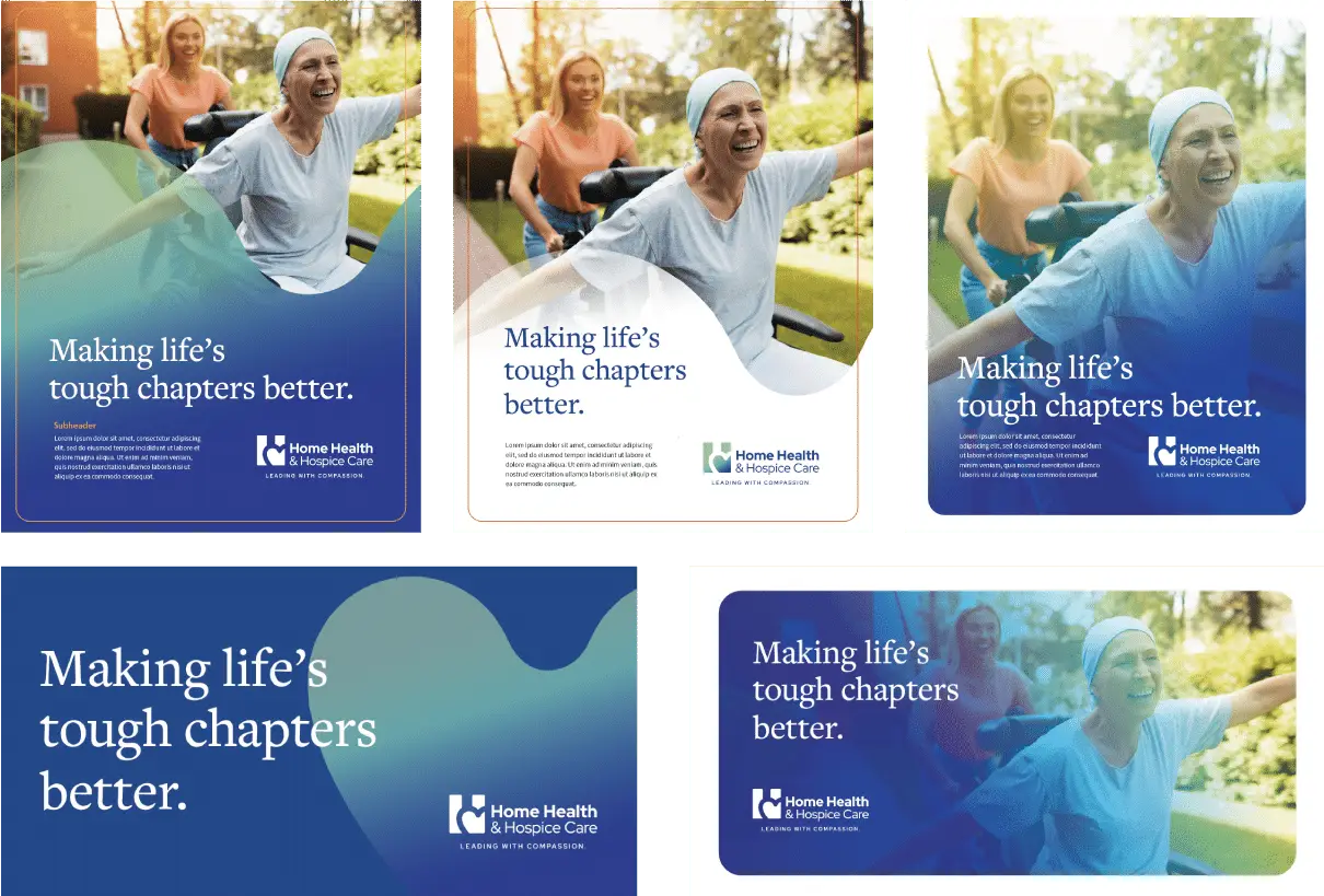 Five images show elderly women outdoors with caregivers, smiling. Text: Making life’s tough chapters better—a case study in compassionate care.