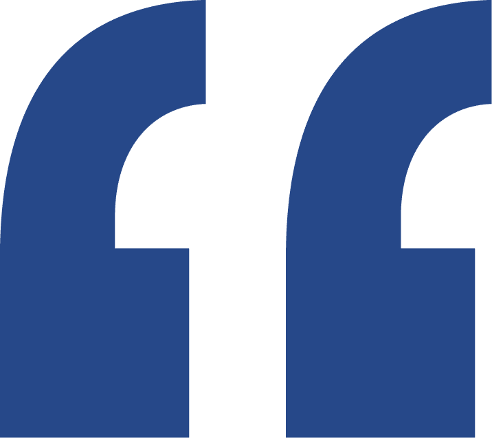 Large, bold, blue opening quotation mark symbol on a light gray background, perfect for highlighting case study insights or rebranding statements.