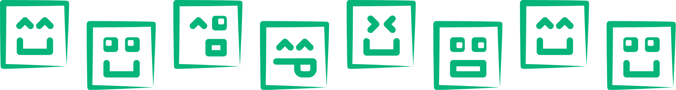 Eight green rectangles with various emoticon faces showing different expressions on a white background—ideal visuals for a branding case study.
