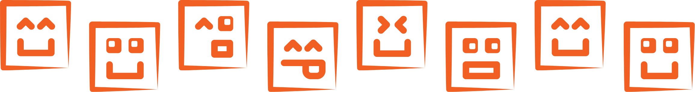 Eight orange rectangles with different playful faces made from emoticons, arranged in a row on a light background—perfect for a branding case study showcasing unique visual identity.