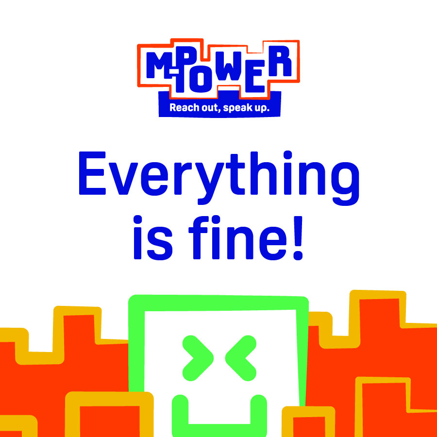Text says Everything is fine! with a smiling face and colorful block shapes in the background, creating a playful branding case study vibe.