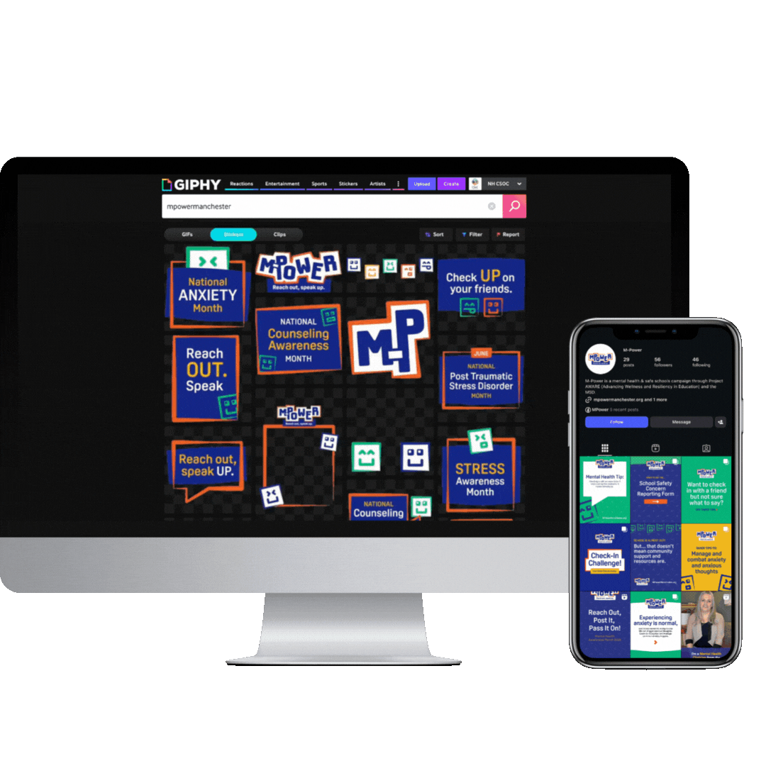 A computer and phone display mental health awareness graphics on blue backgrounds, highlighting a branding case study focused on compassionate digital design.