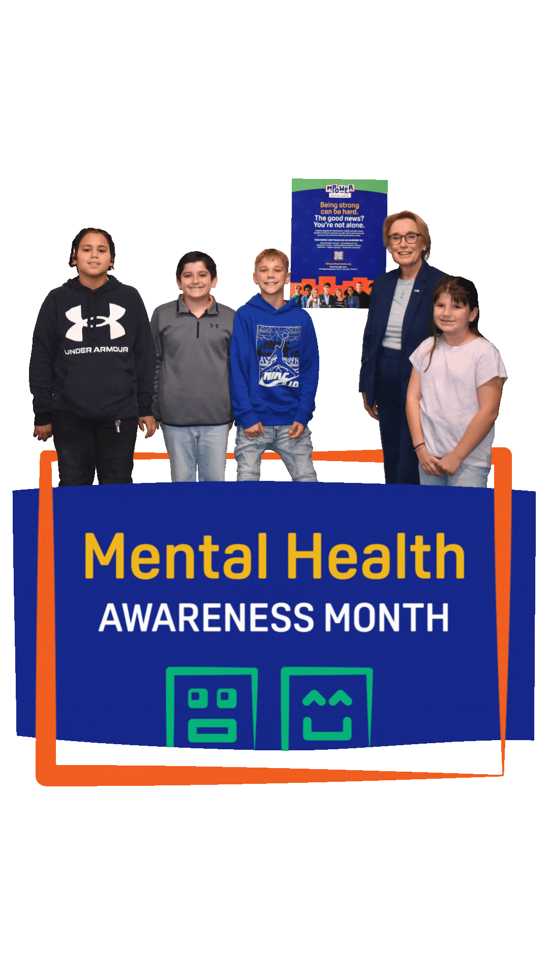 Five people stand behind a Mental Health Awareness Month sign with a bright green background, showcasing a branding case study in action.
