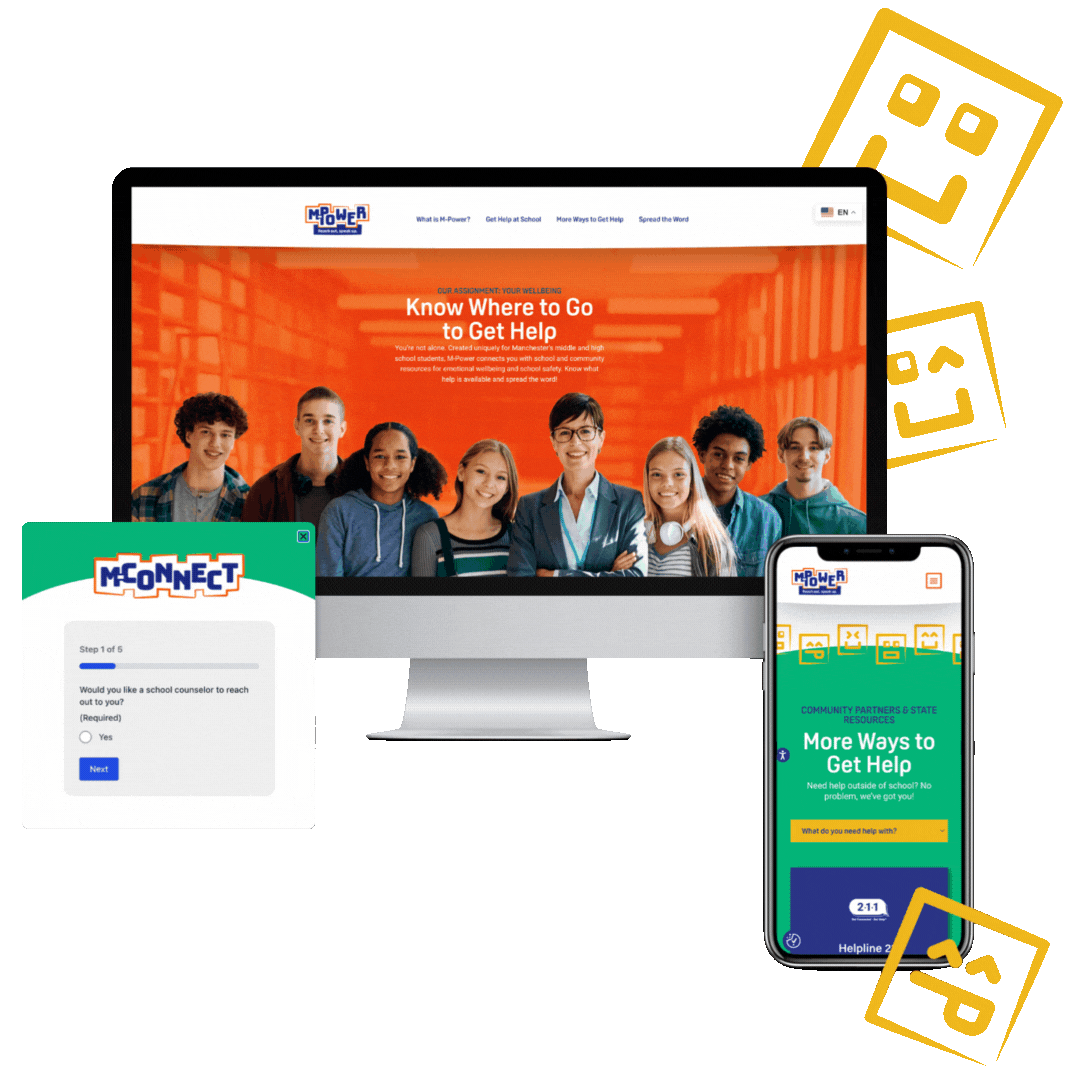 A computer, tablet, and phone display a student help website on a bright green background with orange icons—an ideal visual for a branding case study.