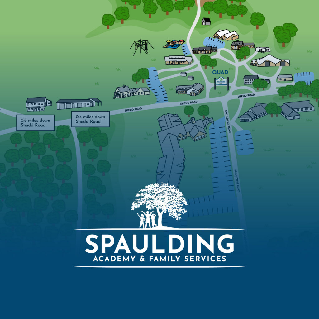 Illustrated campus map with buildings, trees, roads, and Spaulding Academy & Family Services logo at the bottom—perfect for marketing materials or as part of a case study.