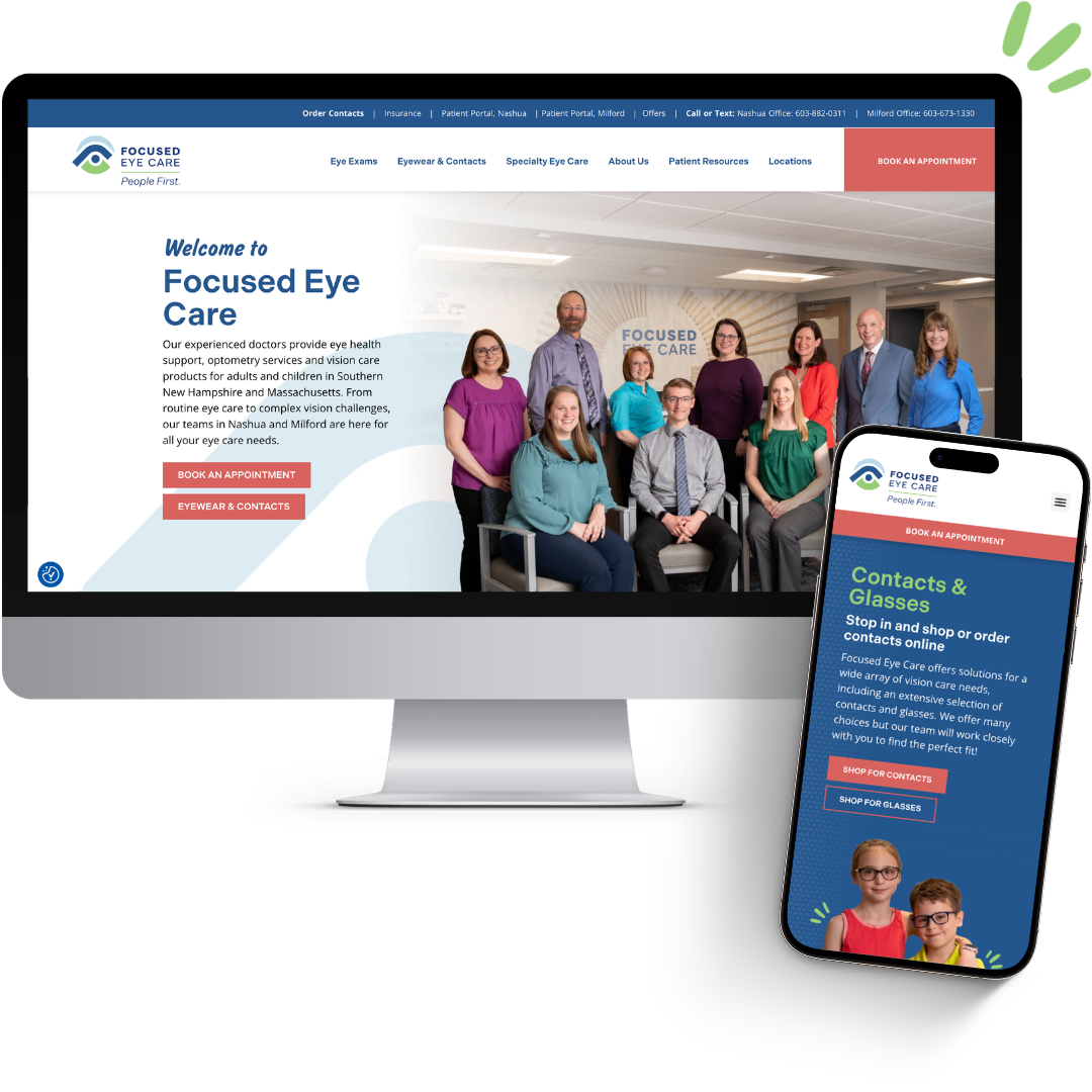 Computer and phone screens display the Focused Eye Care website, featuring staff photos and service information.