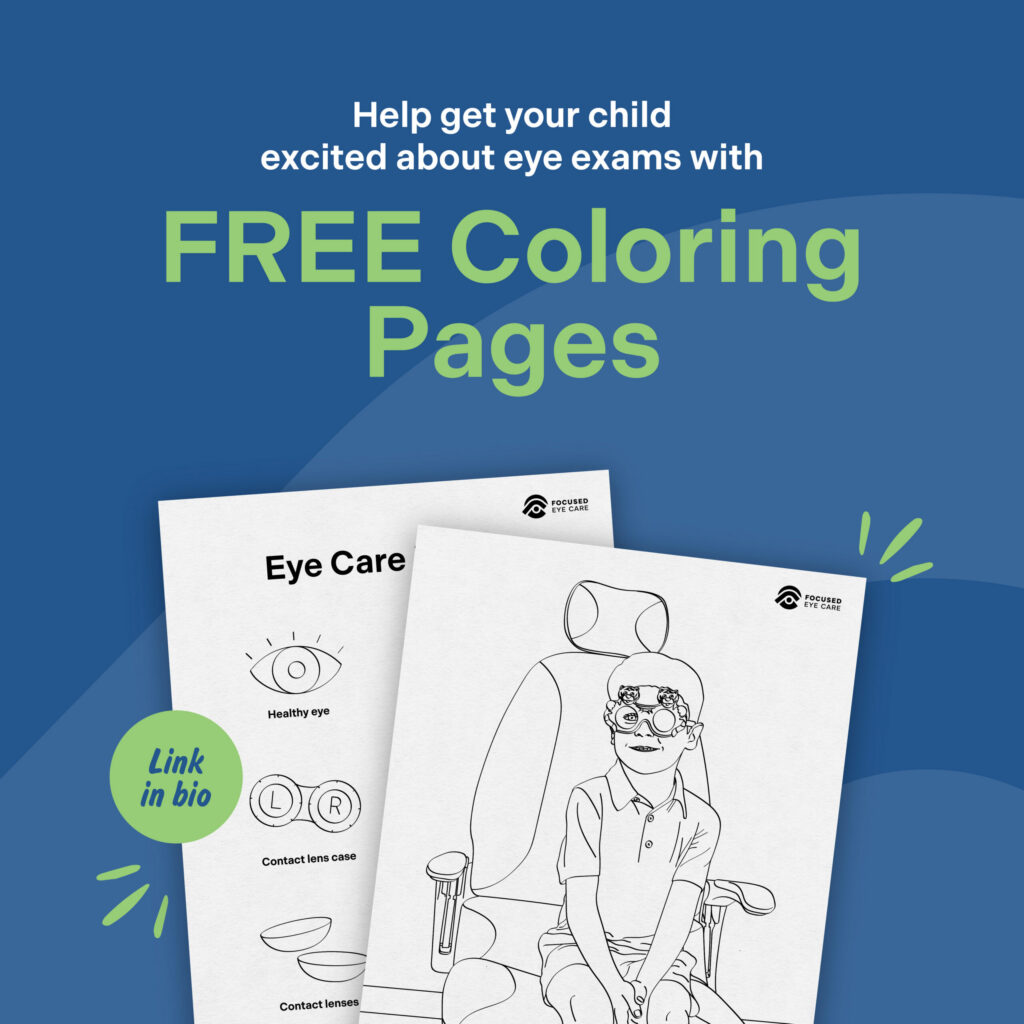 Two eye care-themed coloring pages for kids, promoting free downloads and an eye exam awareness campaign.