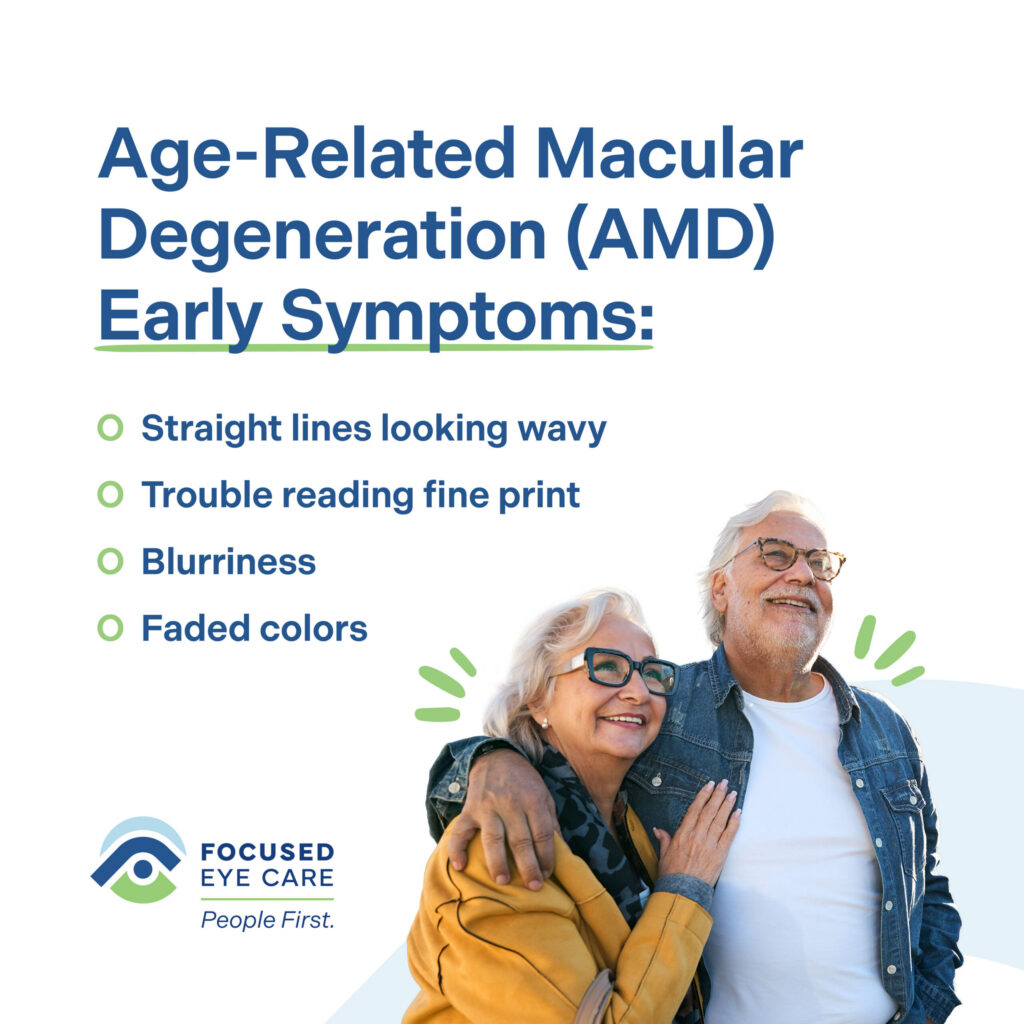 Smiling older couple with list of early symptoms of AMD, including blurriness and trouble reading fine print.