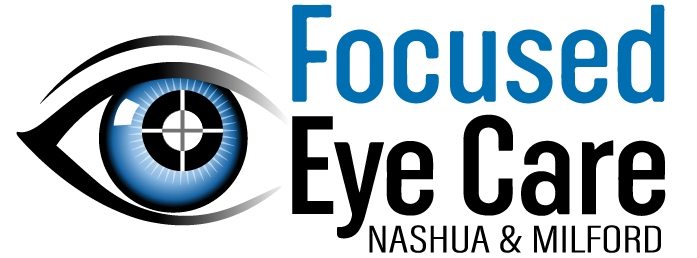 Logo with a stylized blue eye and the text Focused Eye Care Nashua & Milford next to it.