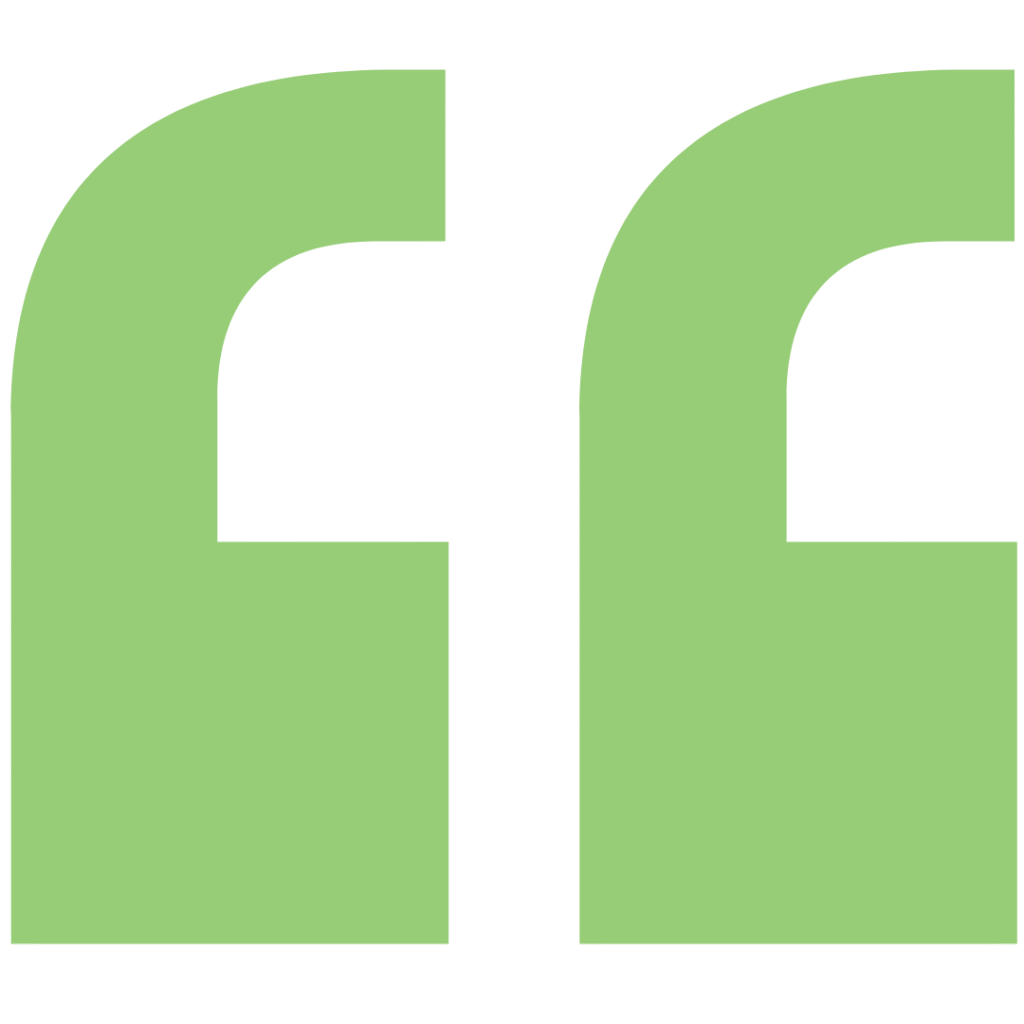 Large green quotation mark symbol on a light gray background.