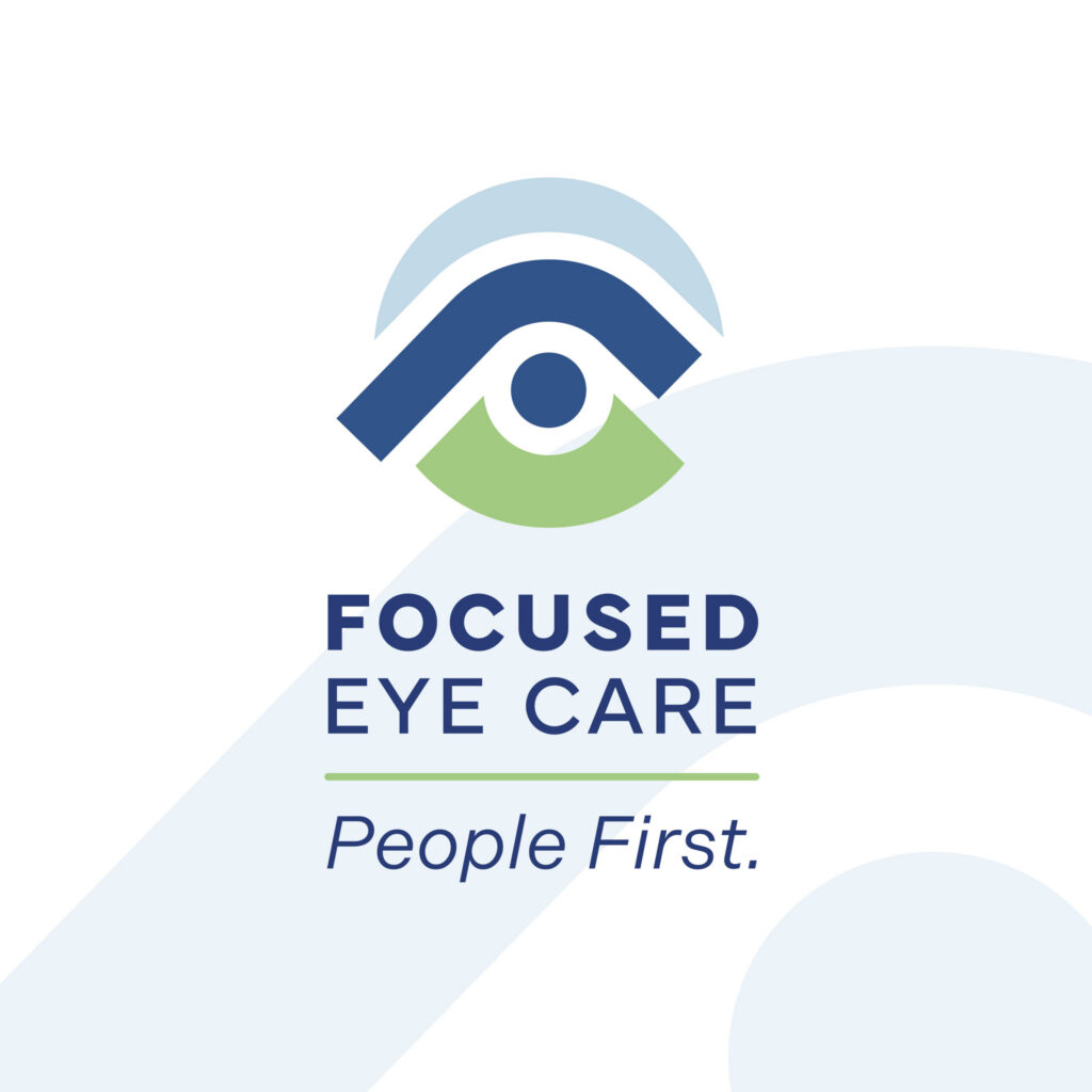 Logo for Focused Eye Care with an abstract eye design and the tagline People First.