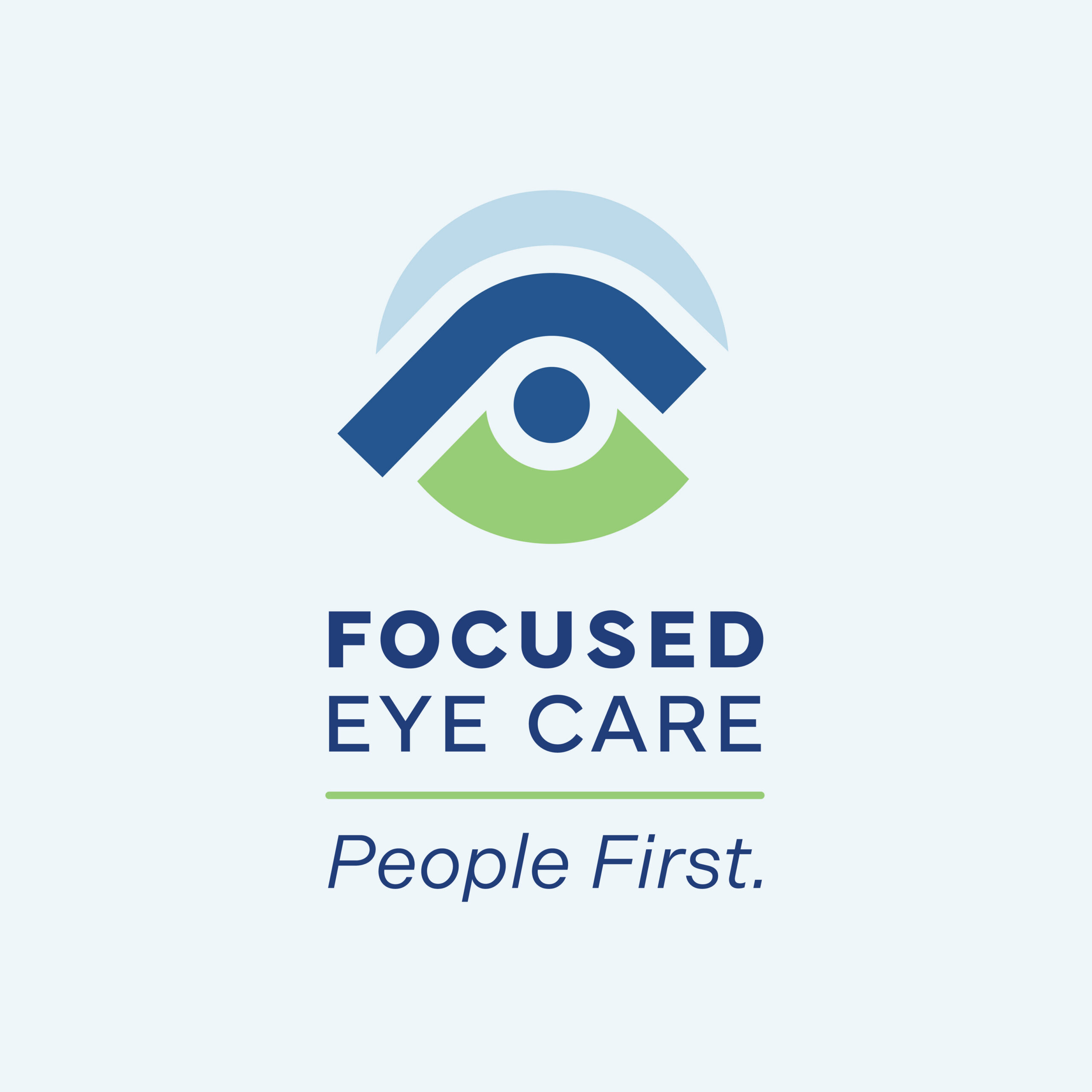 Logo for Focused Eye Care with an abstract eye graphic and the tagline People First.