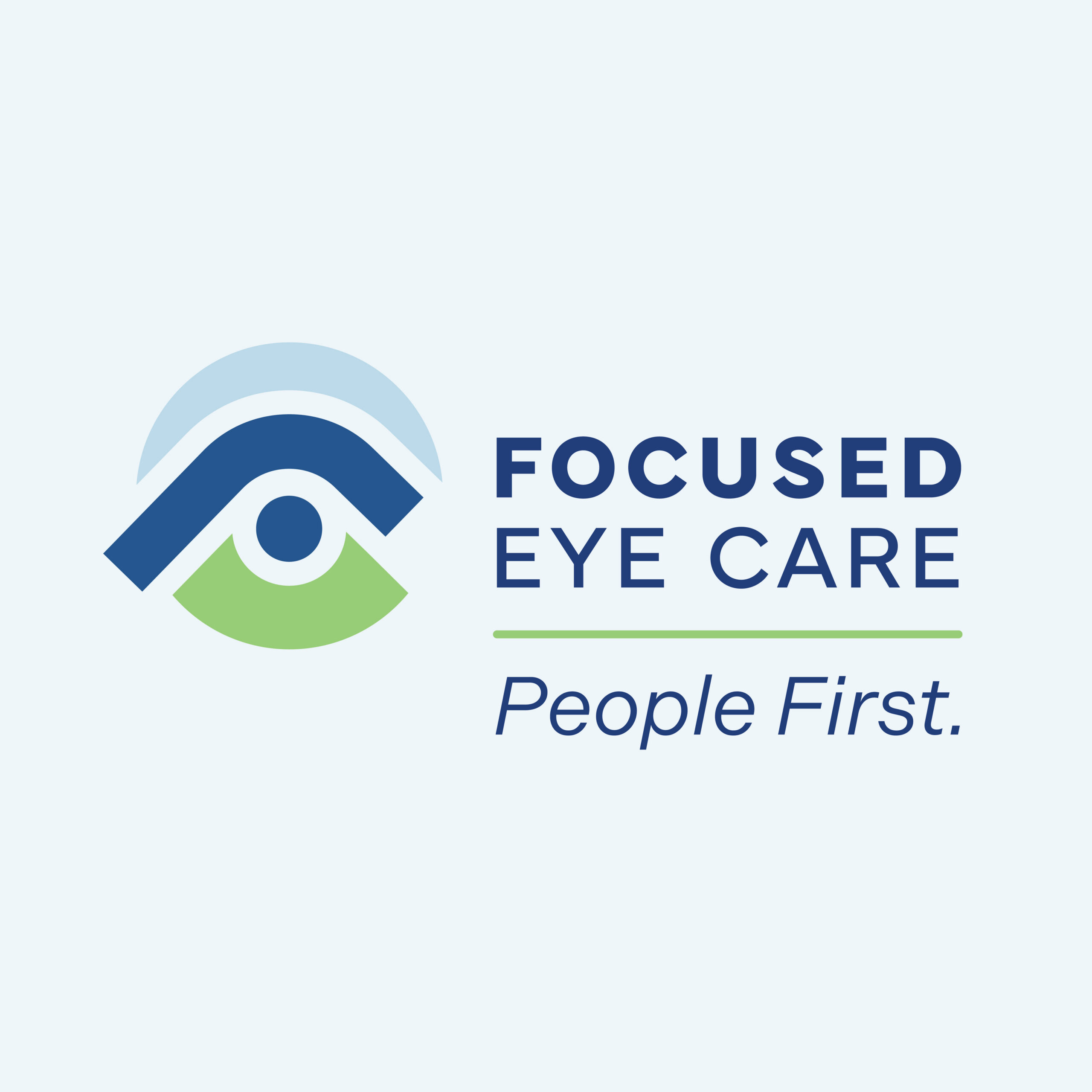 Logo with stylized eye icon, text: FOCUSED EYE CARE and slogan People First. on a light background.