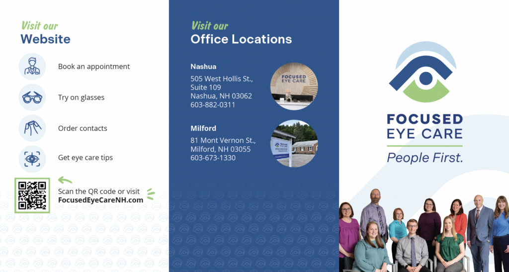 A brochure for Focused Eye Care with office info, website details, logo, and a group photo of the staff.