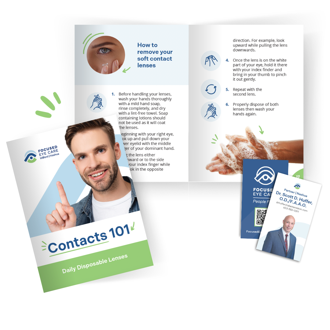 A brochure and cards about contact lens care, featuring instructions and a smiling man pointing upward.