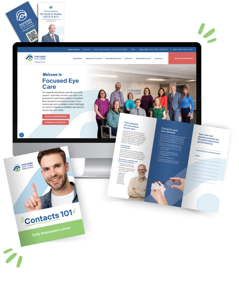A computer screen and brochures display Focused Eye Care branding with staff and eye care information.