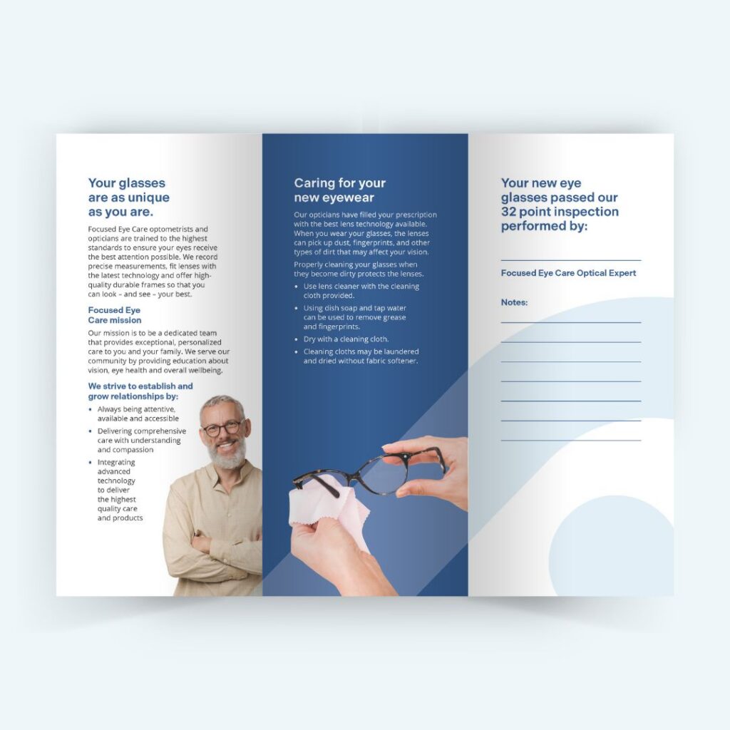 A brochure about eye care, showing a smiling man, hands cleaning glasses, and text about eyewear services.