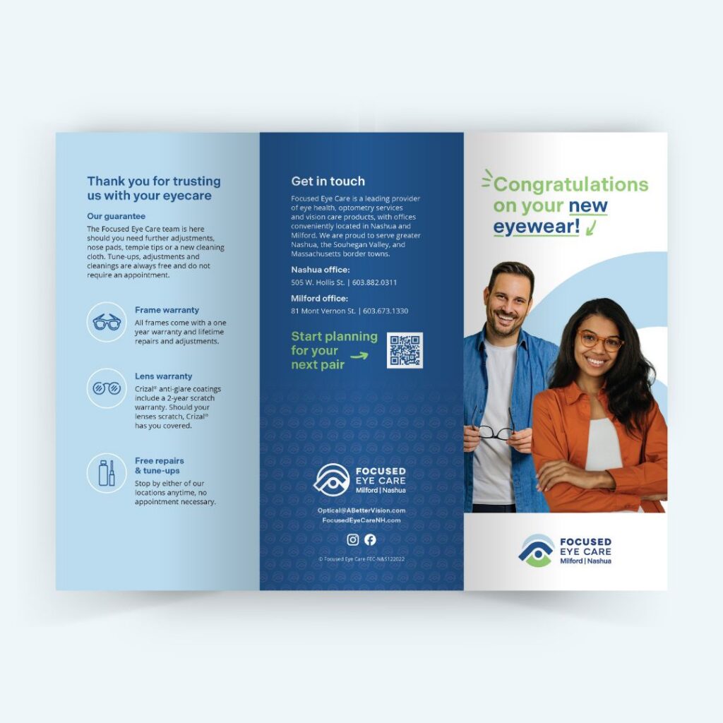 Brochure for Focused Eye Care with contact info, services, and two smiling people holding eyeglasses on the cover.
