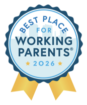 Blue and gold badge reads Best Place for Working Parents 2026 with a cityscape in the background.