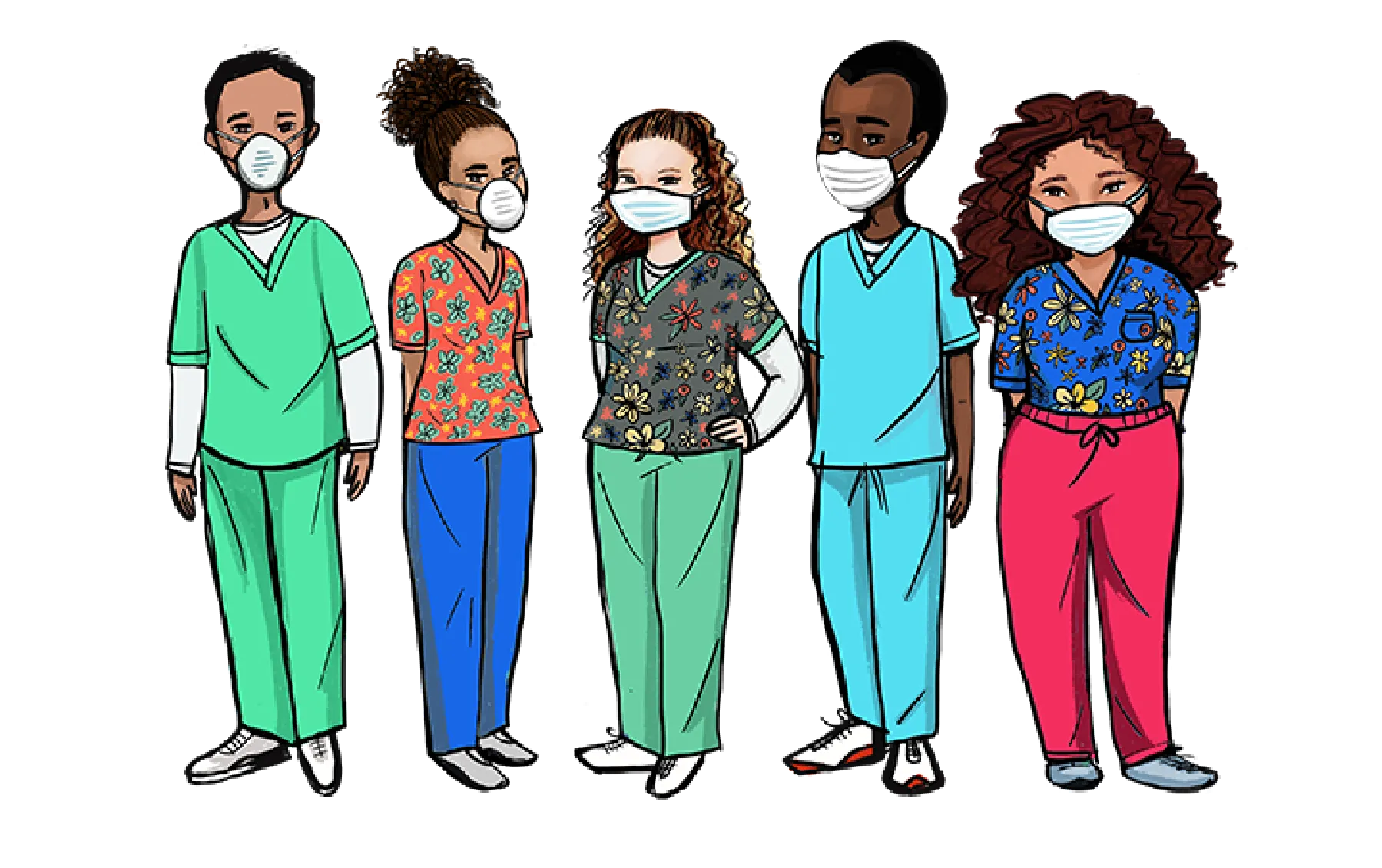 Illustration of five diverse healthcare workers in scrubs and masks, standing side by side.