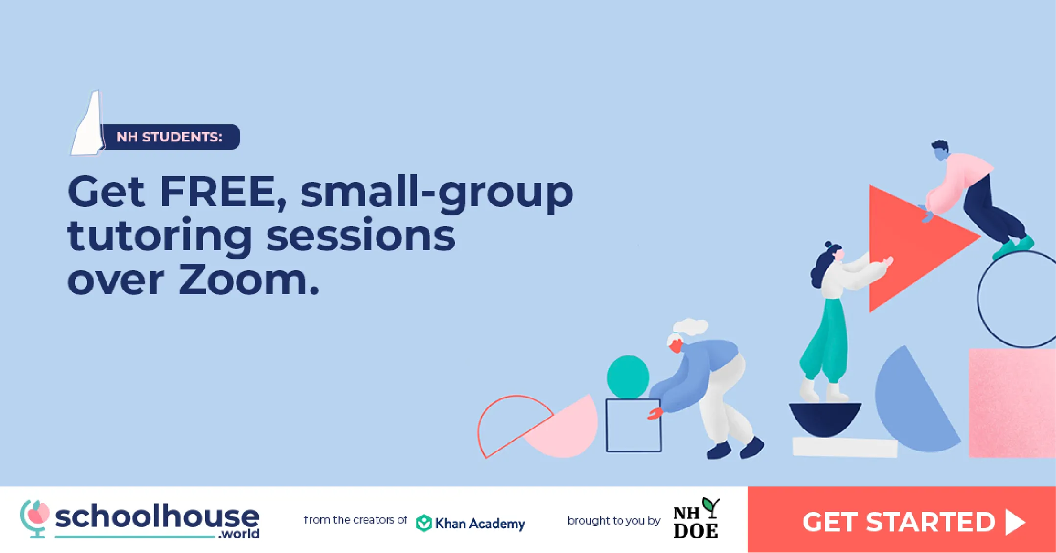 Illustration with text: Get FREE, small-group tutoring sessions over Zoom and a Get Started button.