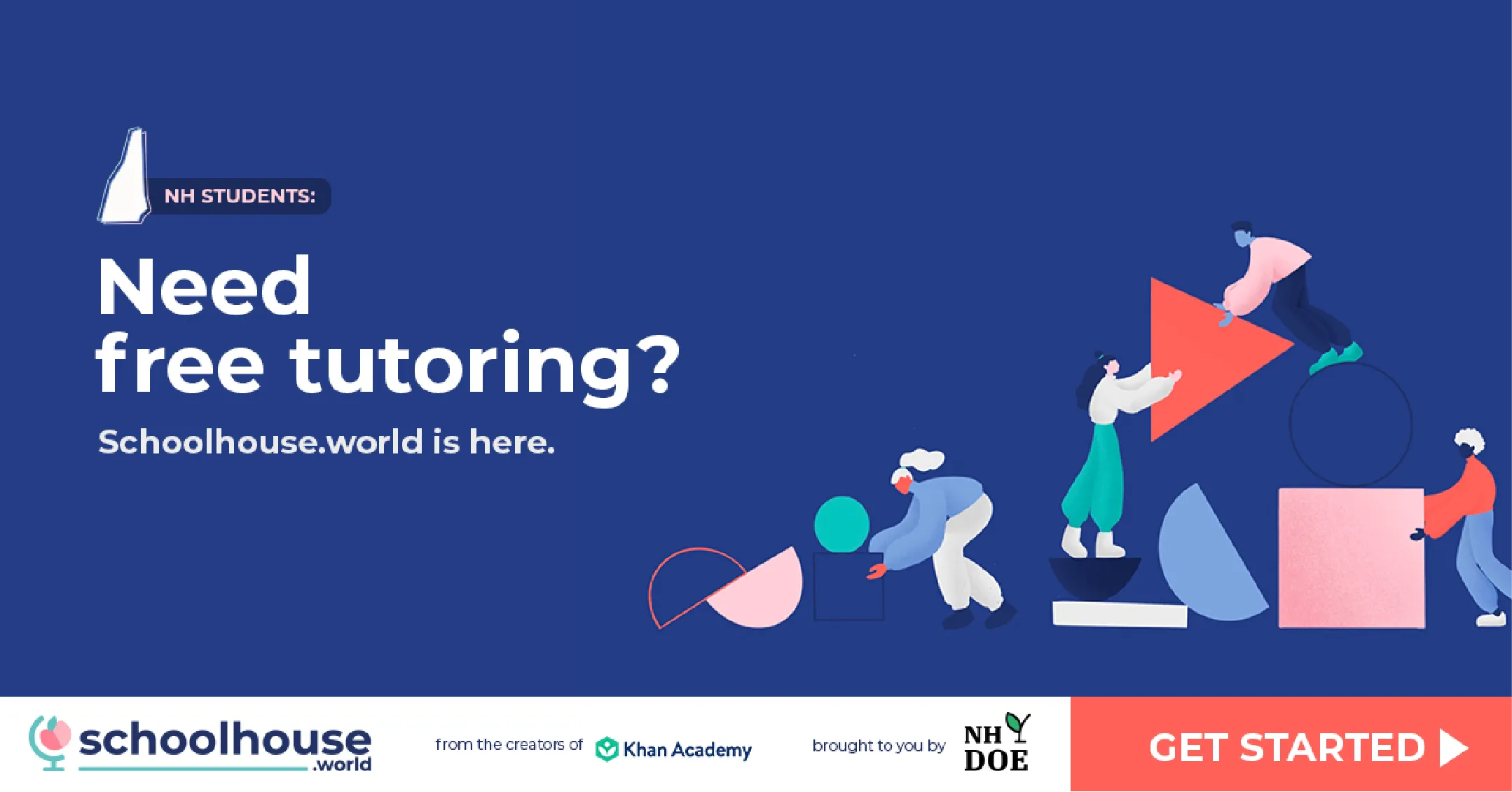 Illustration promoting free tutoring for NH students by Schoolhouse.world with a Get Started button.