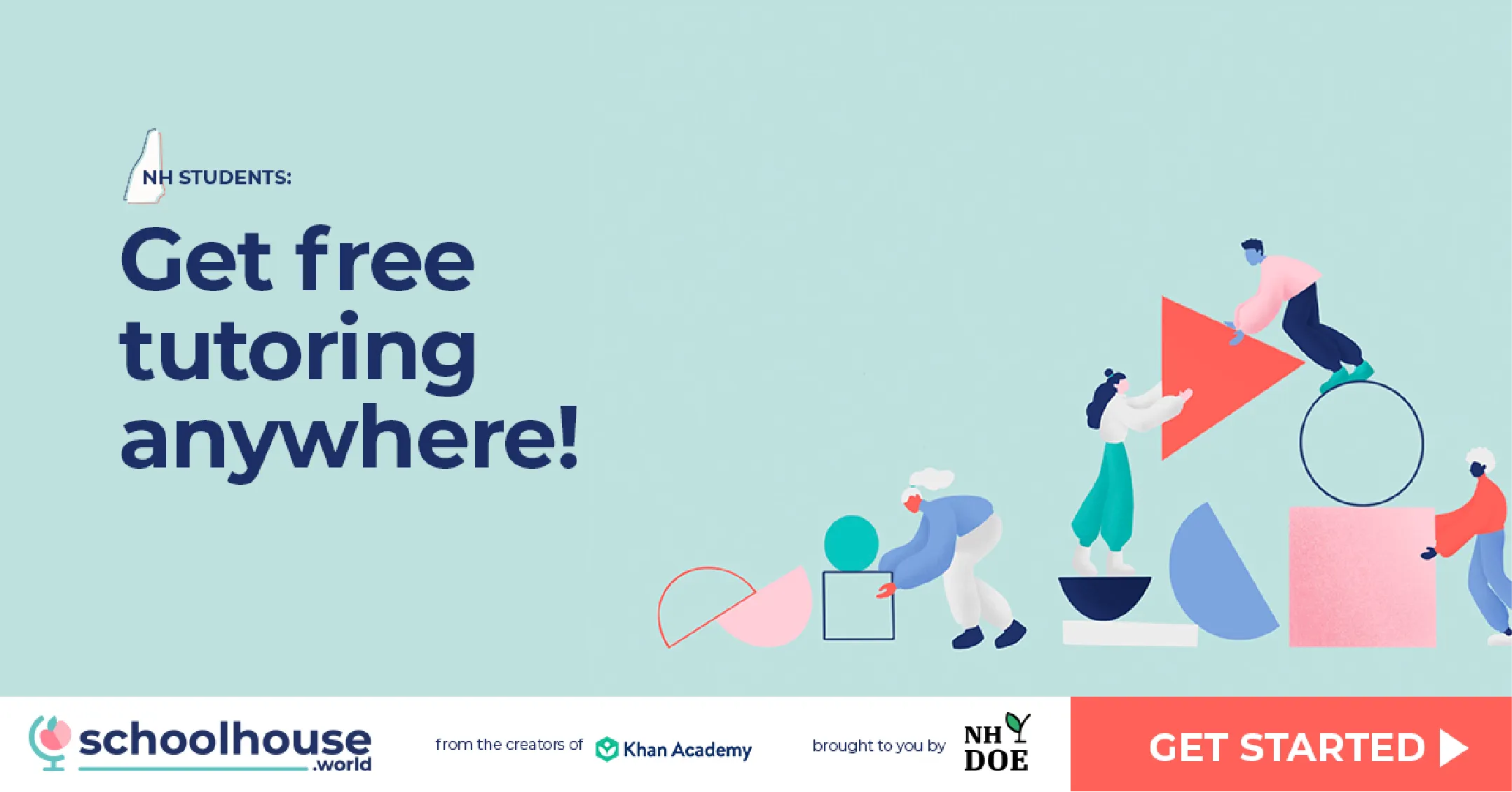 NH students: Get free tutoring anywhere! Illustrations of people with shapes. Schoolhouse world and partner logos.