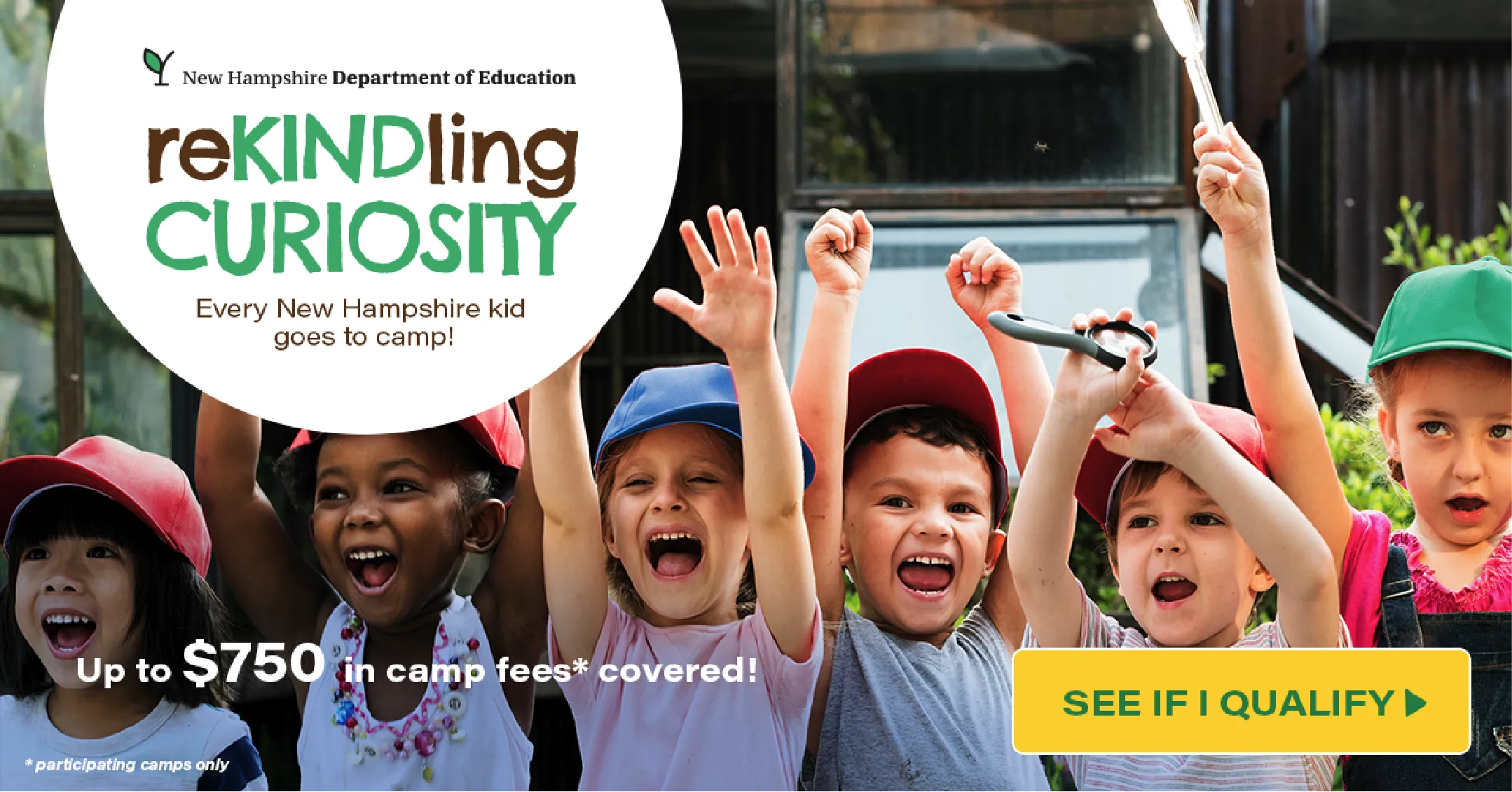 A group of excited kids in hats cheer outdoors; text promotes camp fee coverage for New Hampshire children.