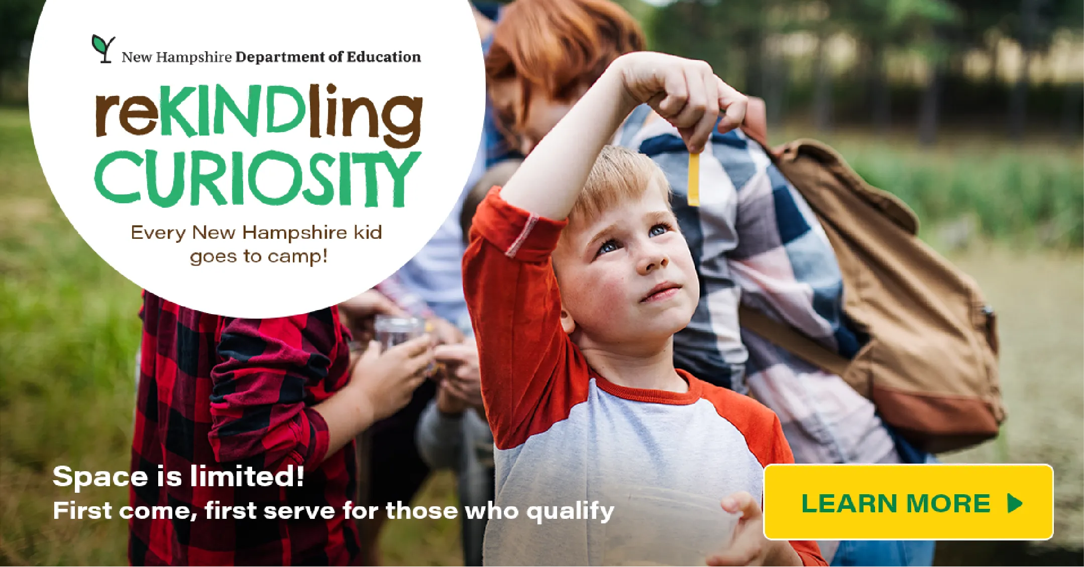 Young boy examines an object outdoors with adults nearby; text promotes a New Hampshire kids’ camp program.