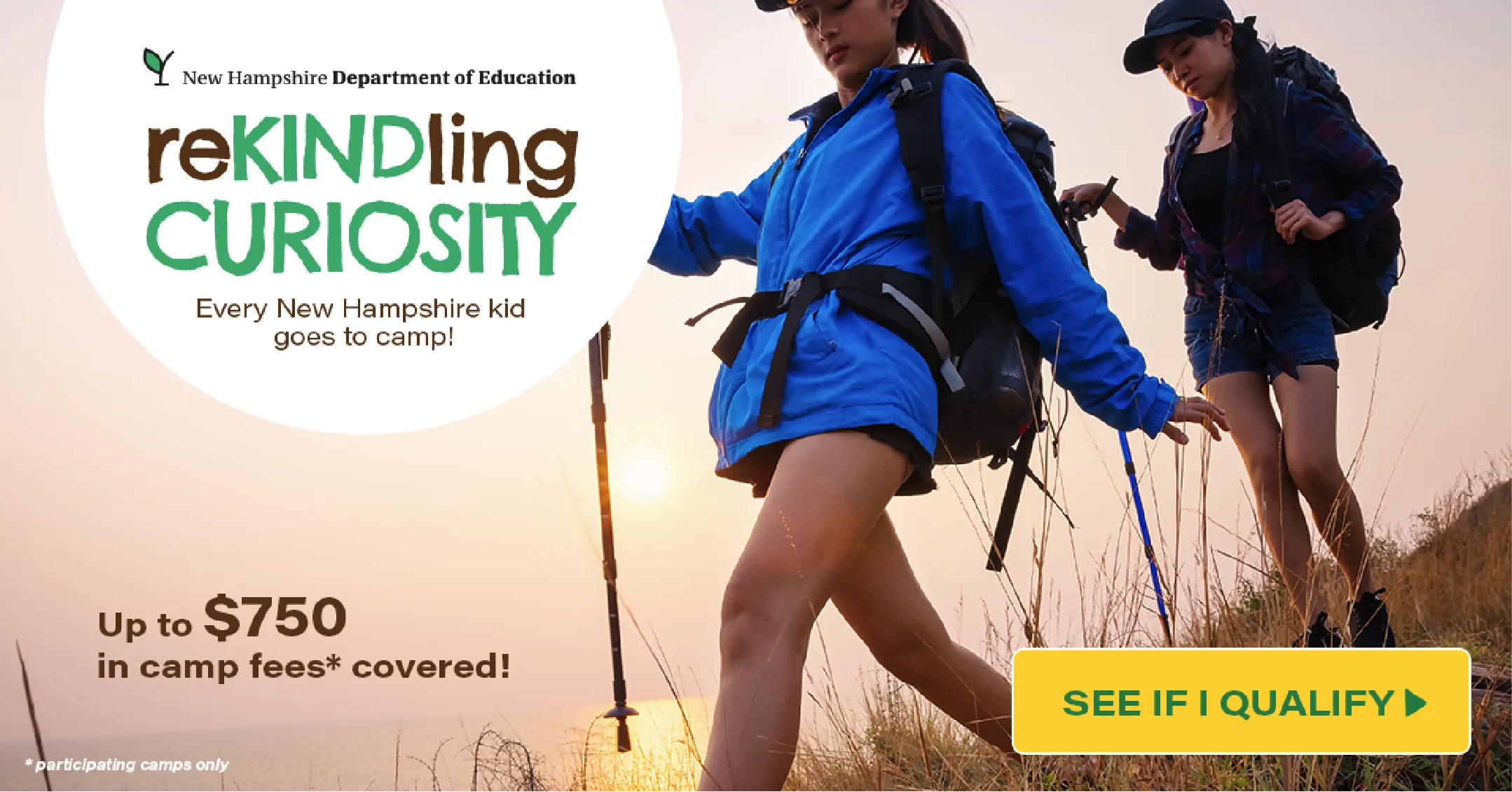 Two kids hiking on a grassy hillside at sunset, promoting a New Hampshire camp fee program.