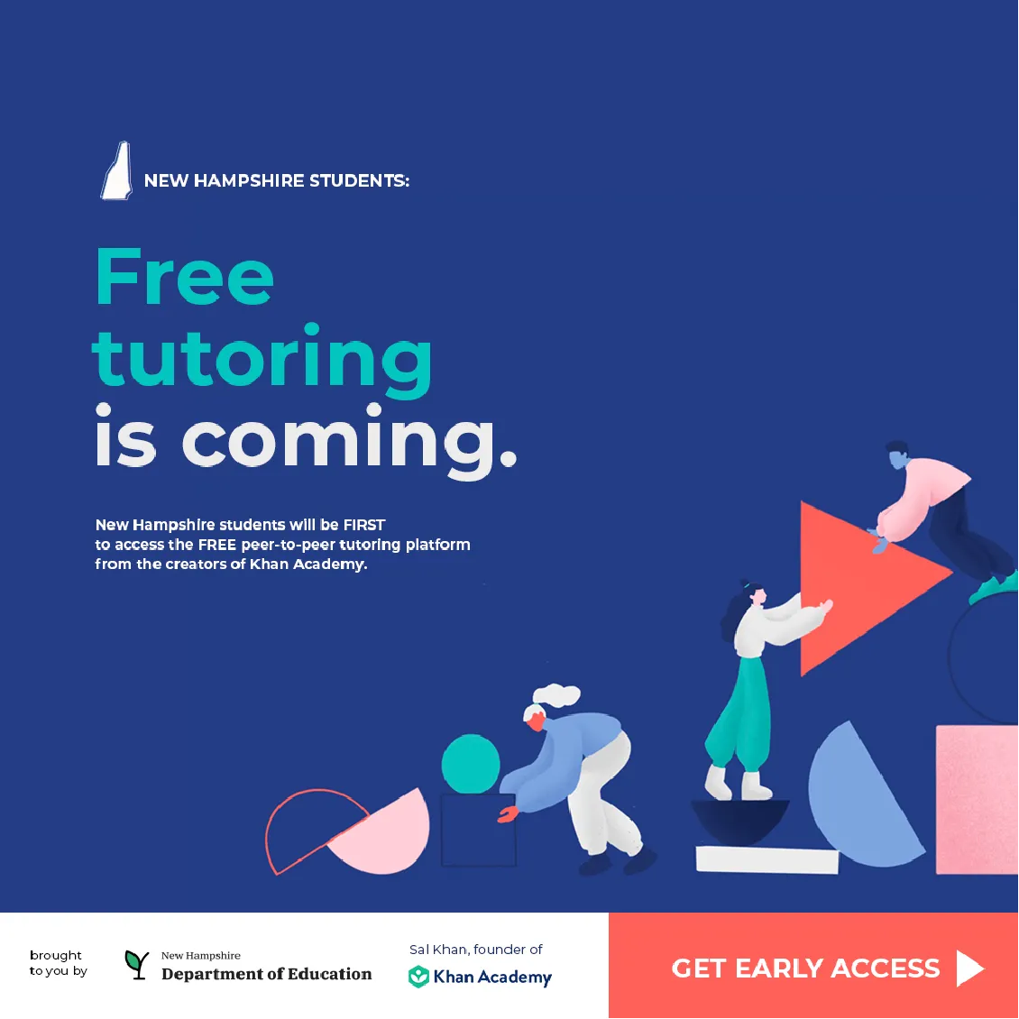Illustration of people assembling shapes, promoting free tutoring for New Hampshire students by Khan Academy.